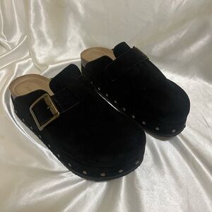 Madden Girl Black Mules with Gold Buckle